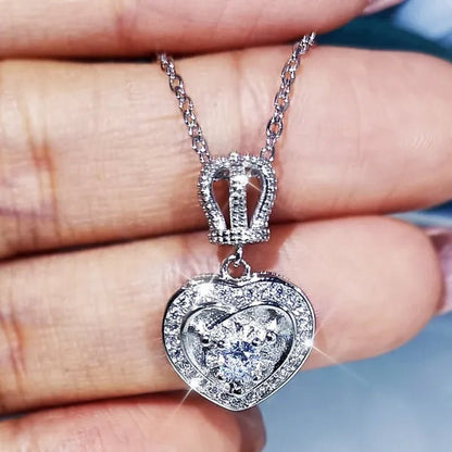 Fashion Cute Silver Plated Heart Shaped Crown Diamond Pendant Necklace for Women Wedding Engagement Rose Gold Clavicle Jewelry Gift