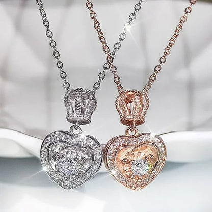 Fashion Cute Silver Plated Heart Shaped Crown Diamond Pendant Necklace for Women Wedding Engagement Rose Gold Clavicle Jewelry Gift - WORLD TIME VISITS