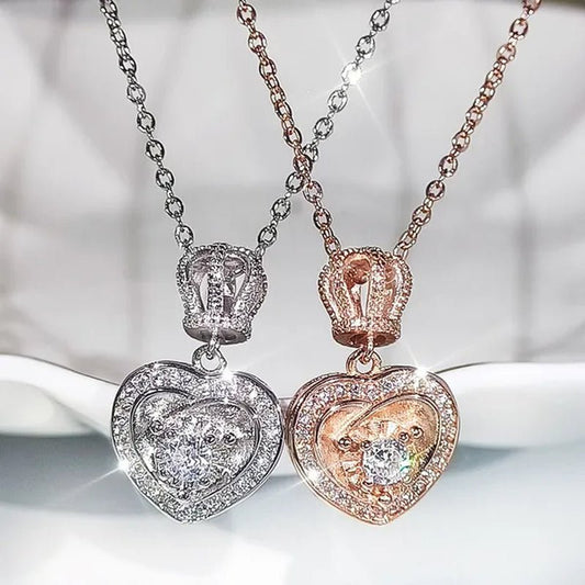 Fashion Cute Silver Plated Heart Shaped Crown Diamond Pendant Necklace for Women Wedding Engagement Rose Gold Clavicle Jewelry Gift - WORLD TIME VISITS