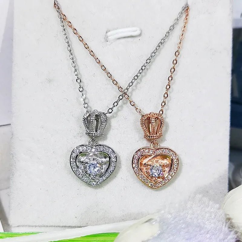 Fashion Cute Silver Plated Heart Shaped Crown Diamond Pendant Necklace for Women Wedding Engagement Rose Gold Clavicle Jewelry Gift