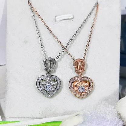 Fashion Cute Silver Plated Heart Shaped Crown Diamond Pendant Necklace for Women Wedding Engagement Rose Gold Clavicle Jewelry Gift