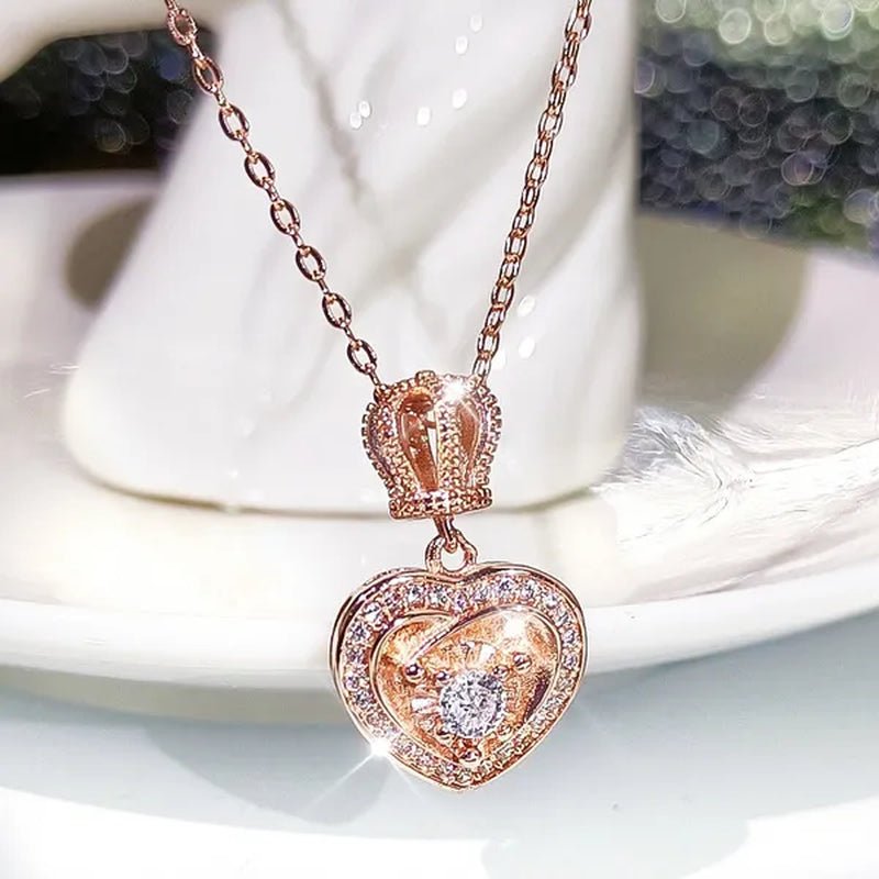 Fashion Cute Silver Plated Heart Shaped Crown Diamond Pendant Necklace for Women Wedding Engagement Rose Gold Clavicle Jewelry Gift - WORLD TIME VISITS