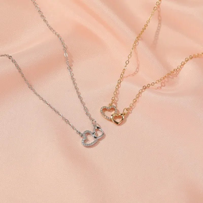 Fashion Gold and Silver Double Heart Necklace Necklace Crystal Diamond Pendant Necklace Gift for Woman