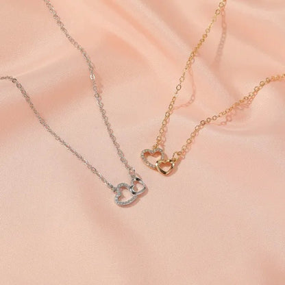 Fashion Gold and Silver Double Heart Necklace Necklace Crystal Diamond Pendant Necklace Gift for Woman