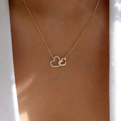 Fashion Gold and Silver Double Heart Necklace Necklace Crystal Diamond Pendant Necklace Gift for Woman - WORLD TIME VISITS