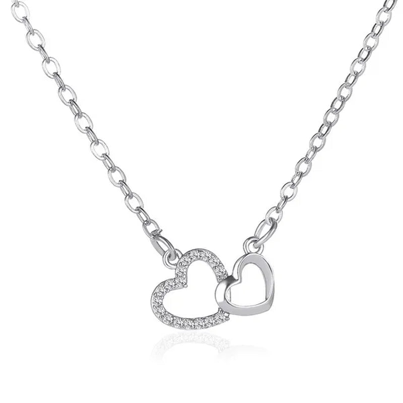 Fashion Gold and Silver Double Heart Necklace Necklace Crystal Diamond Pendant Necklace Gift for Woman