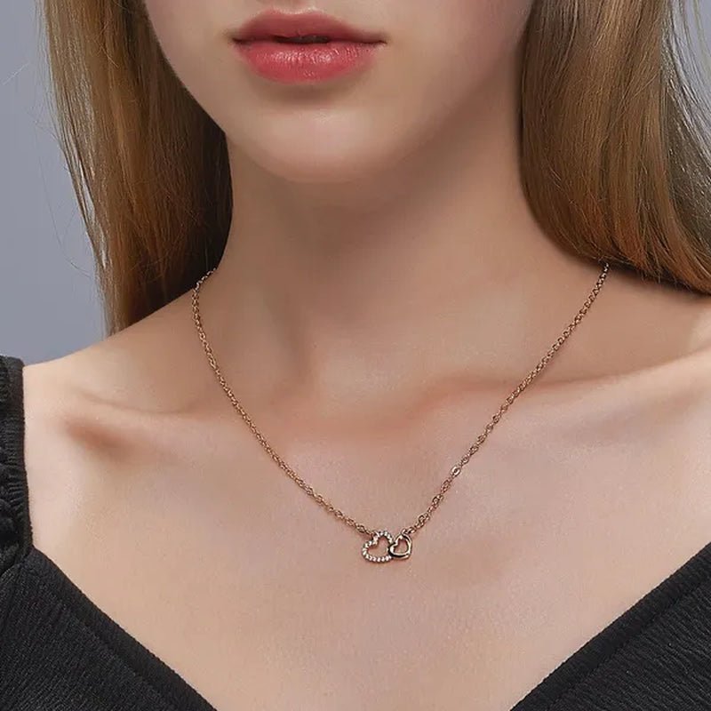Fashion Gold and Silver Double Heart Necklace Necklace Crystal Diamond Pendant Necklace Gift for Woman