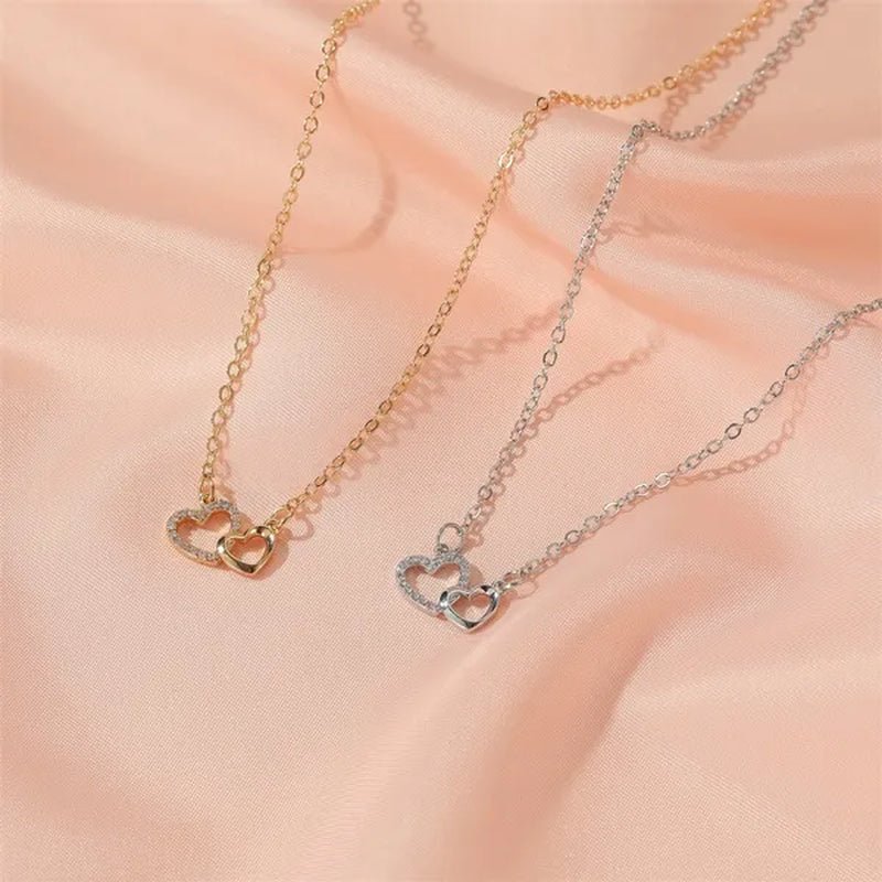 Fashion Gold and Silver Double Heart Necklace Necklace Crystal Diamond Pendant Necklace Gift for Woman - WORLD TIME VISITS