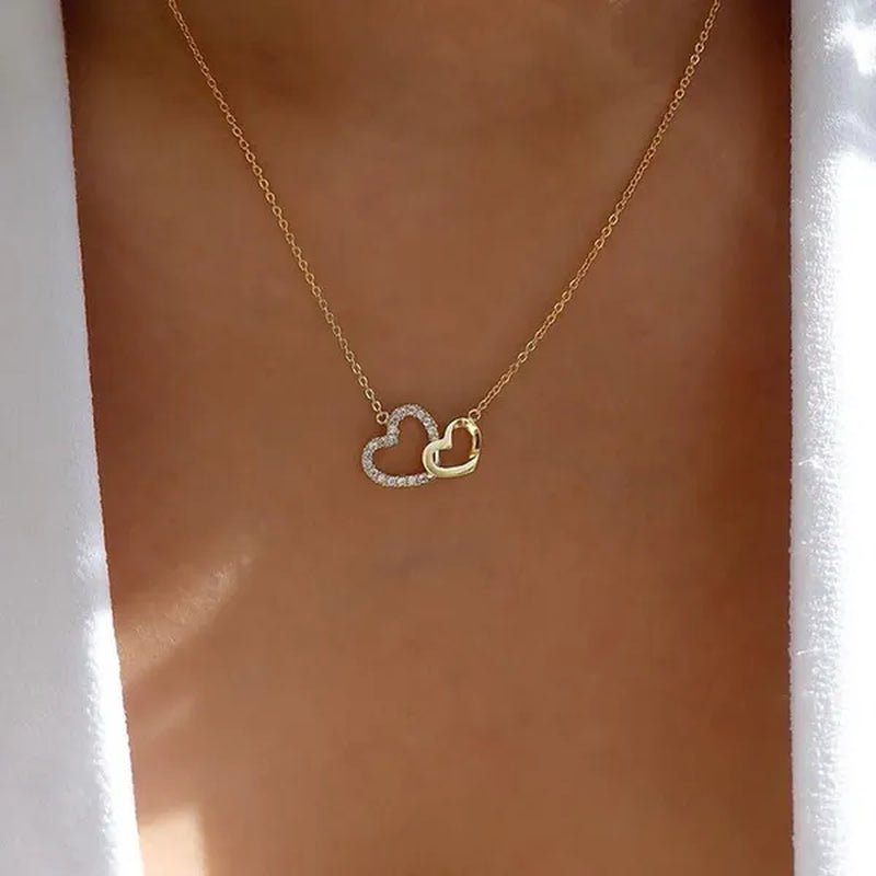 Fashion Gold and Silver Double Heart Necklace Necklace Crystal Diamond Pendant Necklace Gift for Woman - WORLD TIME VISITS