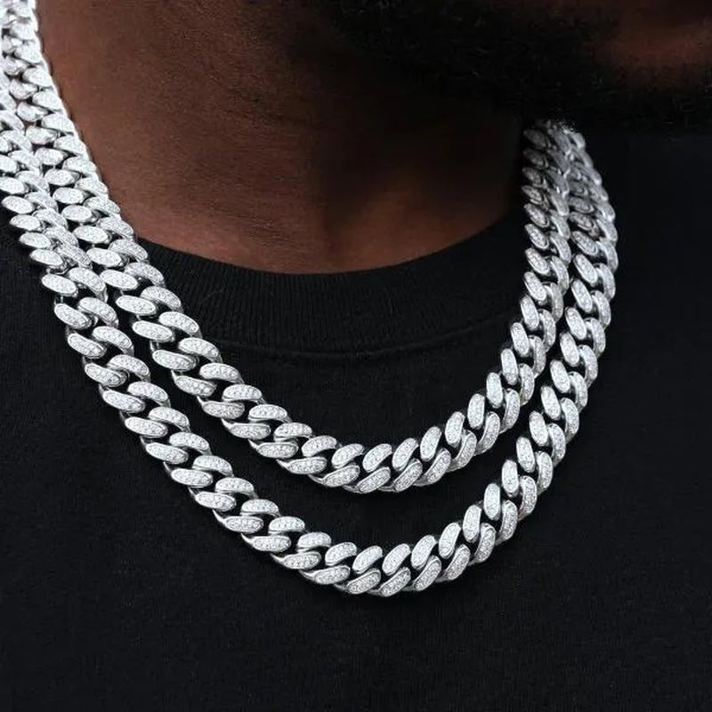 Fashion Gold / Silver Plated Solid Stainless Steel Iced Out Diamond Bracelet Thick Miami Cuban Link Chain Necklace Hip Hop Jewelry