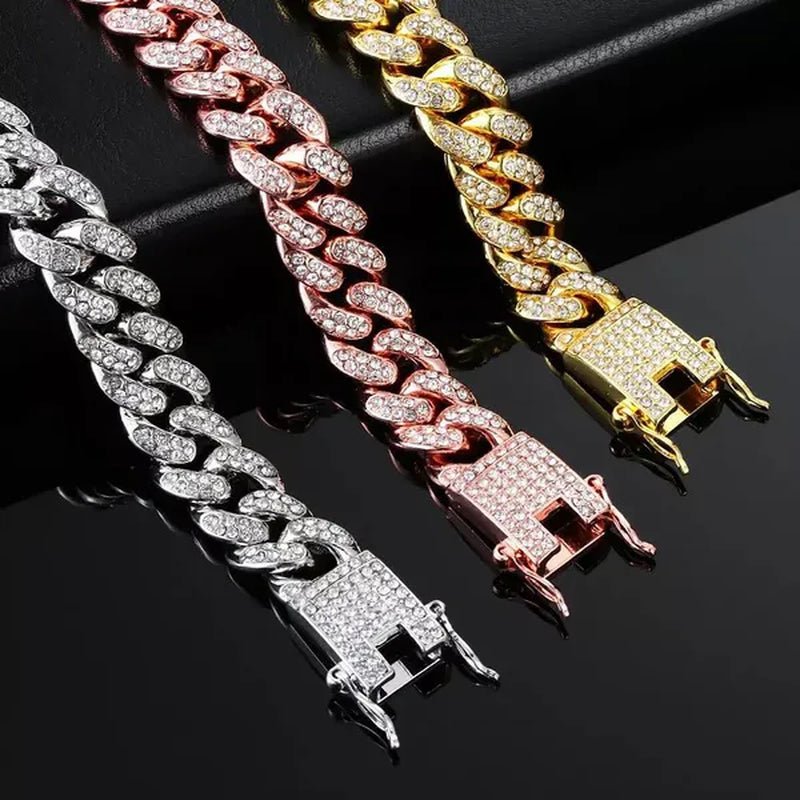 Fashion Gold / Silver Plated Solid Stainless Steel Iced Out Diamond Bracelet Thick Miami Cuban Link Chain Necklace Hip Hop Jewelry