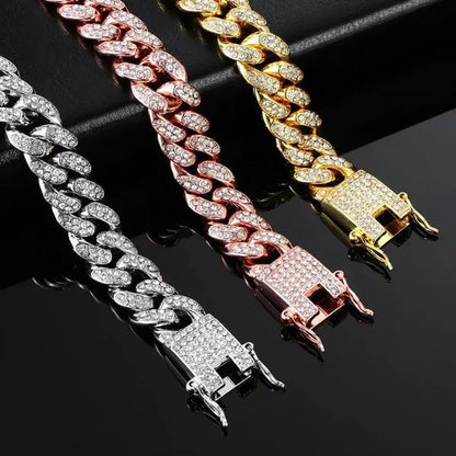 Fashion Gold / Silver Plated Solid Stainless Steel Iced Out Diamond Bracelet Thick Miami Cuban Link Chain Necklace Hip Hop Jewelry