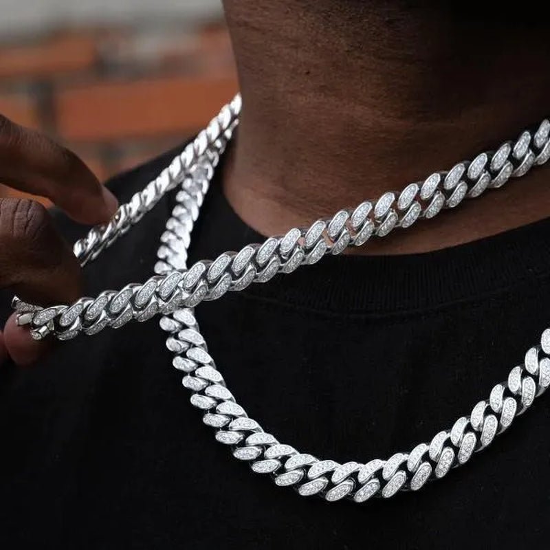 Fashion Gold / Silver Plated Solid Stainless Steel Iced Out Diamond Bracelet Thick Miami Cuban Link Chain Necklace Hip Hop Jewelry