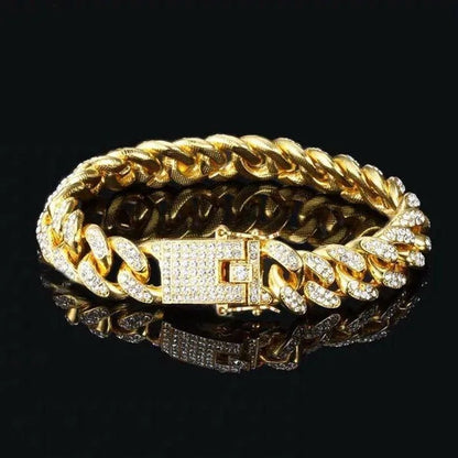 Fashion Gold / Silver Plated Solid Stainless Steel Iced Out Diamond Bracelet Thick Miami Cuban Link Chain Necklace Hip Hop Jewelry - WORLD TIME VISITS