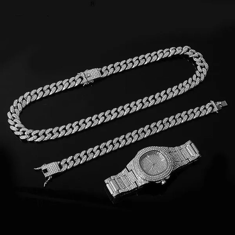 Fashion Gold / Silver Plated Solid Stainless Steel Iced Out Diamond Bracelet Thick Miami Cuban Link Chain Necklace Hip Hop Jewelry - WORLD TIME VISITS