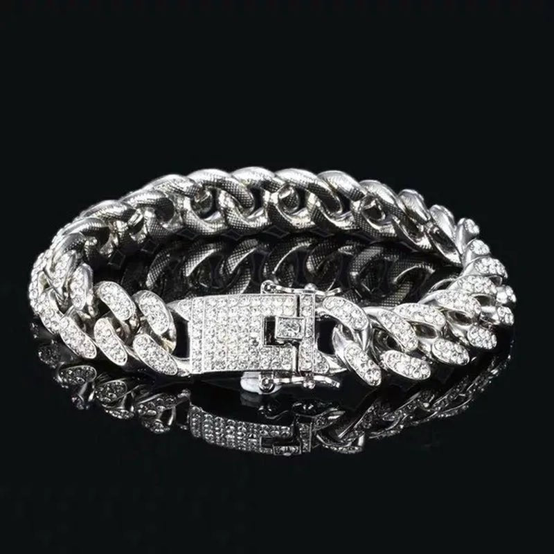 Fashion Gold / Silver Plated Solid Stainless Steel Iced Out Diamond Bracelet Thick Miami Cuban Link Chain Necklace Hip Hop Jewelry
