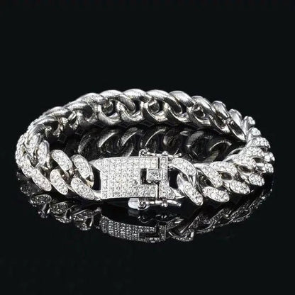 Fashion Gold / Silver Plated Solid Stainless Steel Iced Out Diamond Bracelet Thick Miami Cuban Link Chain Necklace Hip Hop Jewelry