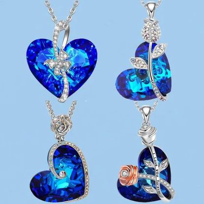 Fashion Heart Blue Crystal Necklace Double Layer Rose Zircon Pendant Engagement Necklaces for Women Rose Jewelry Birthday Party Anniversary Gift