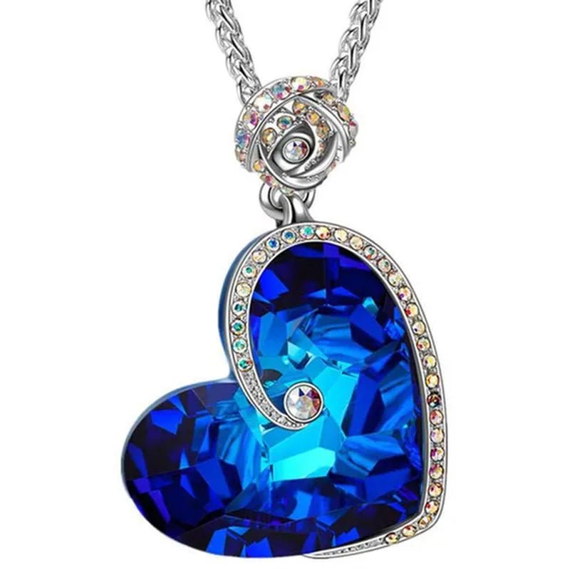 Fashion Heart Blue Crystal Necklace Double Layer Rose Zircon Pendant Engagement Necklaces for Women Rose Jewelry Birthday Party Anniversary Gift