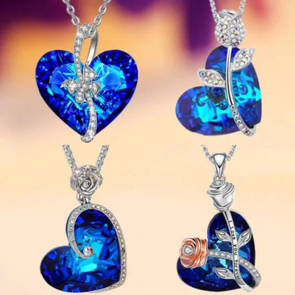Fashion Heart Blue Crystal Necklace Double Layer Rose Zircon Pendant Engagement Necklaces for Women Rose Jewelry Birthday Party Anniversary Gift