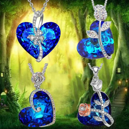 Fashion Heart Blue Crystal Necklace Double Layer Rose Zircon Pendant Engagement Necklaces for Women Rose Jewelry Birthday Party Anniversary Gift