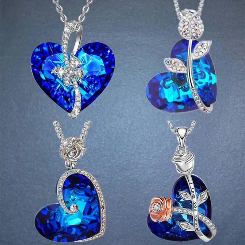 Fashion Heart Blue Crystal Necklace Double Layer Rose Zircon Pendant Engagement Necklaces for Women Rose Jewelry Birthday Party Anniversary Gift