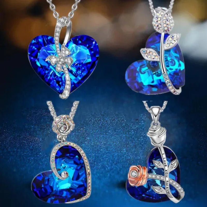 Fashion Heart Blue Crystal Necklace Double Layer Rose Zircon Pendant Engagement Necklaces for Women Rose Jewelry Birthday Party Anniversary Gift