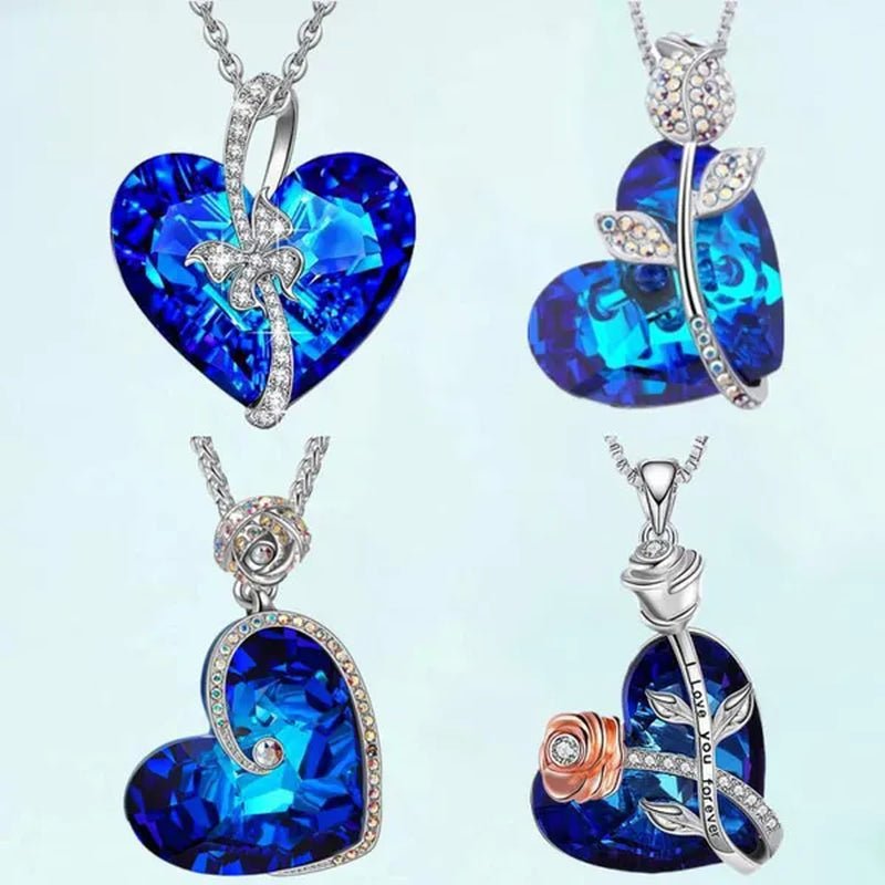 Fashion Heart Blue Crystal Necklace Double Layer Rose Zircon Pendant Engagement Necklaces for Women Rose Jewelry Birthday Party Anniversary Gift
