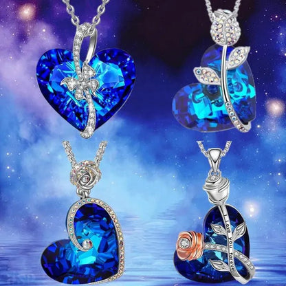 Fashion Heart Blue Crystal Necklace Double Layer Rose Zircon Pendant Engagement Necklaces for Women Rose Jewelry Birthday Party Anniversary Gift