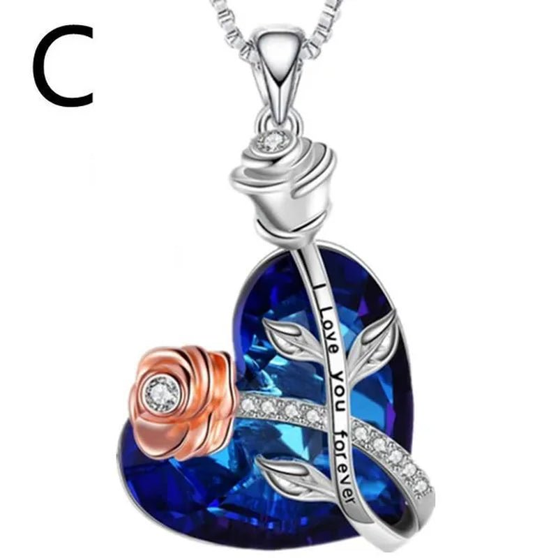 Fashion Heart Blue Crystal Necklace Double Layer Rose Zircon Pendant Engagement Necklaces for Women Rose Jewelry Birthday Party Anniversary Gift - WORLD TIME VISITS