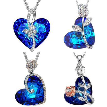 Fashion Heart Blue Crystal Necklace Double Layer Rose Zircon Pendant Engagement Necklaces for Women Rose Jewelry Birthday Party Anniversary Gift