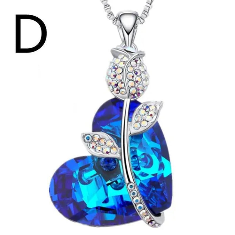 Fashion Heart Blue Crystal Necklace Double Layer Rose Zircon Pendant Engagement Necklaces for Women Rose Jewelry Birthday Party Anniversary Gift