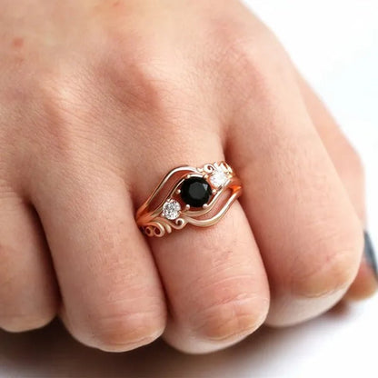Fashion Ladies Rose Gold Leaf Vine Black Gemstone Rings Jewelry Bridal Romantic Engagement Proposal Gift