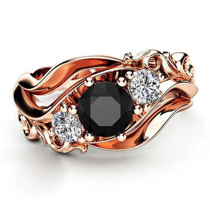 Fashion Ladies Rose Gold Leaf Vine Black Gemstone Rings Jewelry Bridal Romantic Engagement Proposal Gift