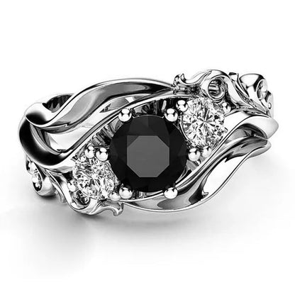 Fashion Ladies Rose Gold Leaf Vine Black Gemstone Rings Jewelry Bridal Romantic Engagement Proposal Gift - WORLD TIME VISITS