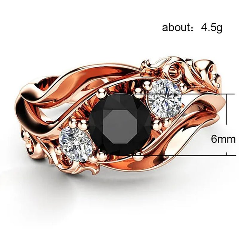 Fashion Ladies Rose Gold Leaf Vine Black Gemstone Rings Jewelry Bridal Romantic Engagement Proposal Gift