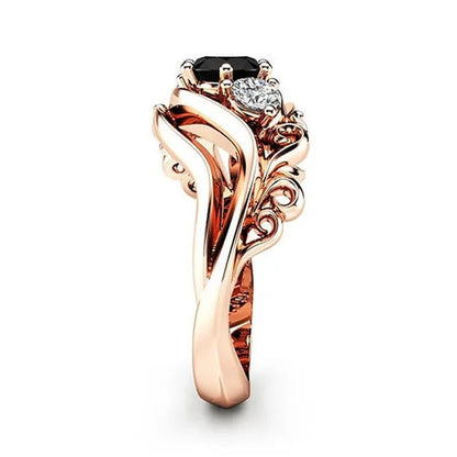 Fashion Ladies Rose Gold Leaf Vine Black Gemstone Rings Jewelry Bridal Romantic Engagement Proposal Gift