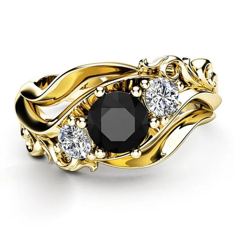 Fashion Ladies Rose Gold Leaf Vine Black Gemstone Rings Jewelry Bridal Romantic Engagement Proposal Gift