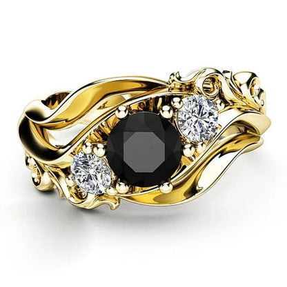 Fashion Ladies Rose Gold Leaf Vine Black Gemstone Rings Jewelry Bridal Romantic Engagement Proposal Gift