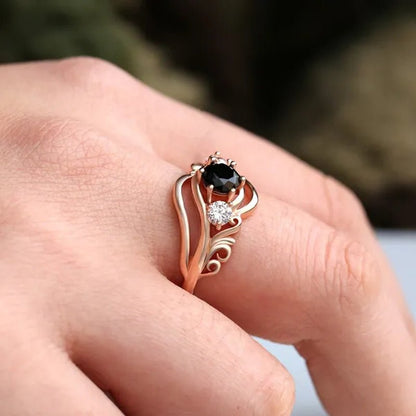 Fashion Ladies Rose Gold Leaf Vine Black Gemstone Rings Jewelry Bridal Romantic Engagement Proposal Gift