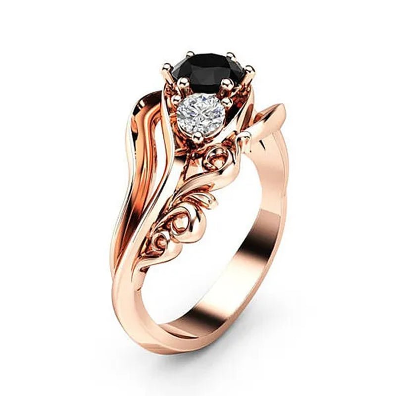 Fashion Ladies Rose Gold Leaf Vine Black Gemstone Rings Jewelry Bridal Romantic Engagement Proposal Gift - WORLD TIME VISITS