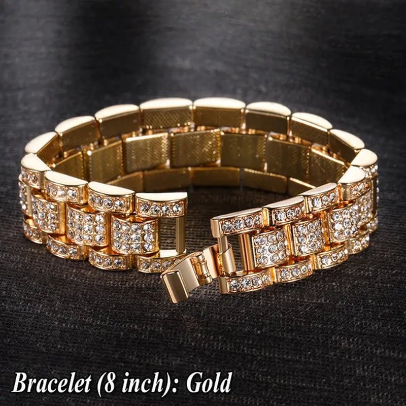 Fashion Men 24K Gold / 925 Silver Plated Solid Stainless Steel Bracelet Iced DIAMOND Link Chain Bracelet 7/8 Inch