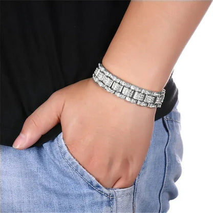 Fashion Men 24K Gold / 925 Silver Plated Solid Stainless Steel Bracelet Iced DIAMOND Link Chain Bracelet 7/8 Inch
