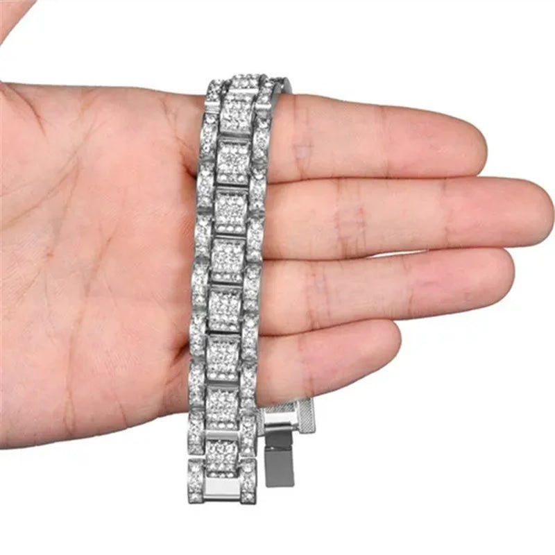 Fashion Men 24K Gold / 925 Silver Plated Solid Stainless Steel Bracelet Iced DIAMOND Link Chain Bracelet 7/8 Inch