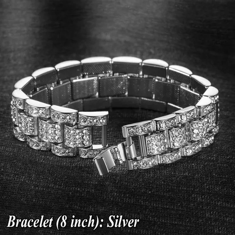 Fashion Men 24K Gold / 925 Silver Plated Solid Stainless Steel Bracelet Iced DIAMOND Link Chain Bracelet 7/8 Inch - WORLD TIME VISITS