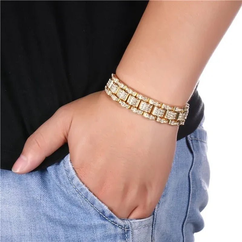 Fashion Men 24K Gold / 925 Silver Plated Solid Stainless Steel Bracelet Iced DIAMOND Link Chain Bracelet 7/8 Inch