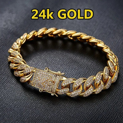 Fashion Mens Womens Chain Hiphop Iced Out Curb Cuban 24K / 18K / 925 Silver Gold Plated Bracelet W Paved Clear Rhinestones Cuban Bracelet