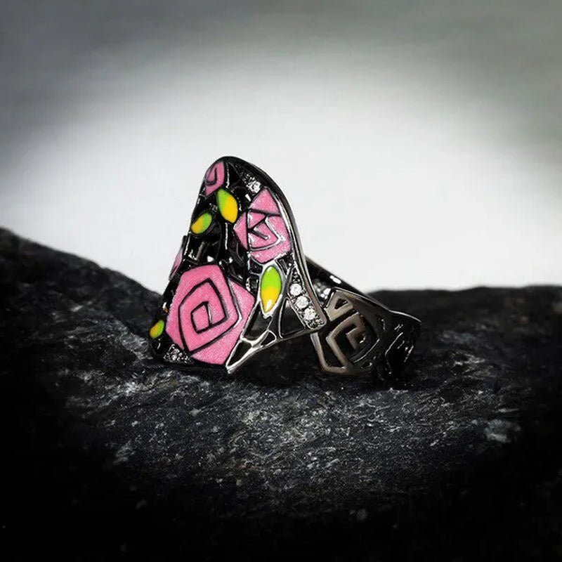 Fashion Personality Black Rose Lady Flower Ring 925 Silver Jewelry Hand-painted Oil Painting Handmade Enamel Ring Women Jewelry