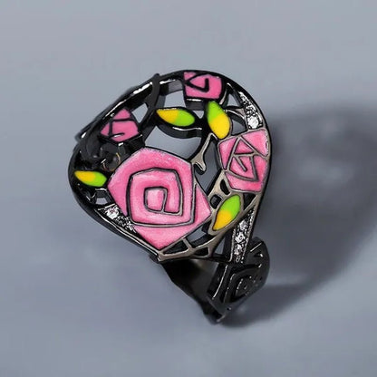 Fashion Personality Black Rose Lady Flower Ring 925 Silver Jewelry Hand - painted Oil Painting Handmade Enamel Ring Women Jewelry - WORLD TIME VISITS