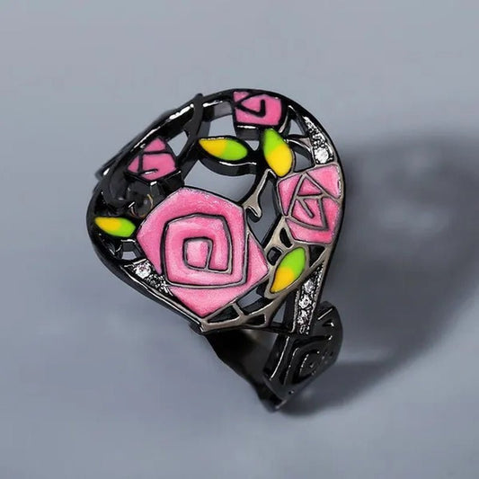 Fashion Personality Black Rose Lady Flower Ring 925 Silver Jewelry Hand - painted Oil Painting Handmade Enamel Ring Women Jewelry - WORLD TIME VISITS